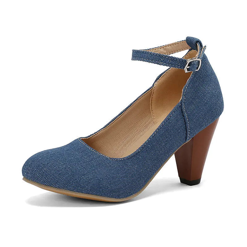 Blue denim women's platform heels with buckle closure and waterproof construction