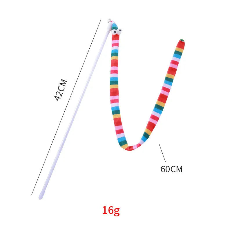 Colourful cat wand toy with long plush strip attachment for interactive play