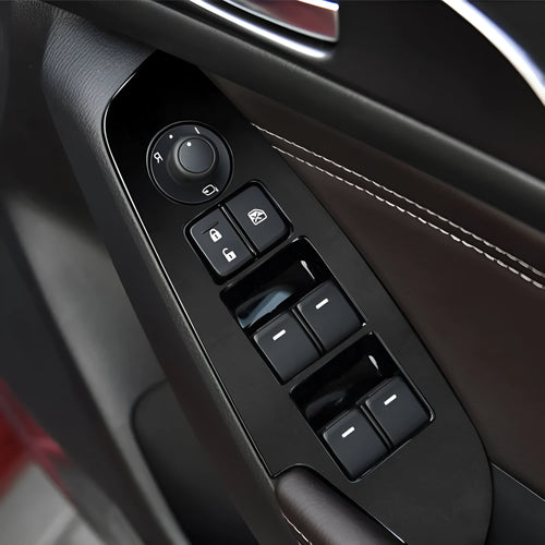 Set of four TPU protective films for car door control panel glass switches, shown in transparent and black finishes.
