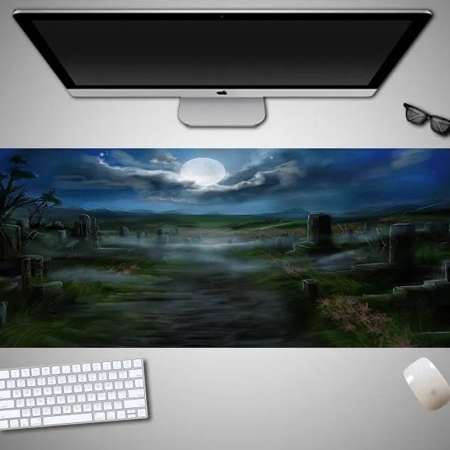 Large Halloween-themed computer mouse pad with graphic design on a desk