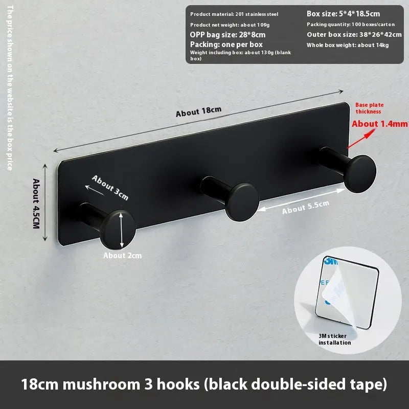 Screwless punch-free wall hook with mushroom hooks for shower doors, white double-sided tape mounting