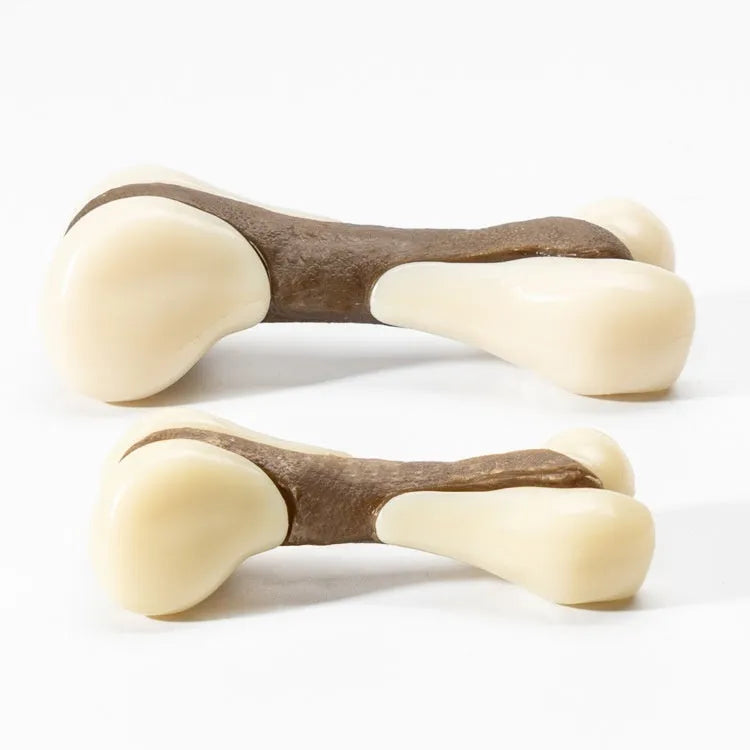 Cowhide and nylon bone grinding rod dog chew toy shown in two colour-coded sizes.