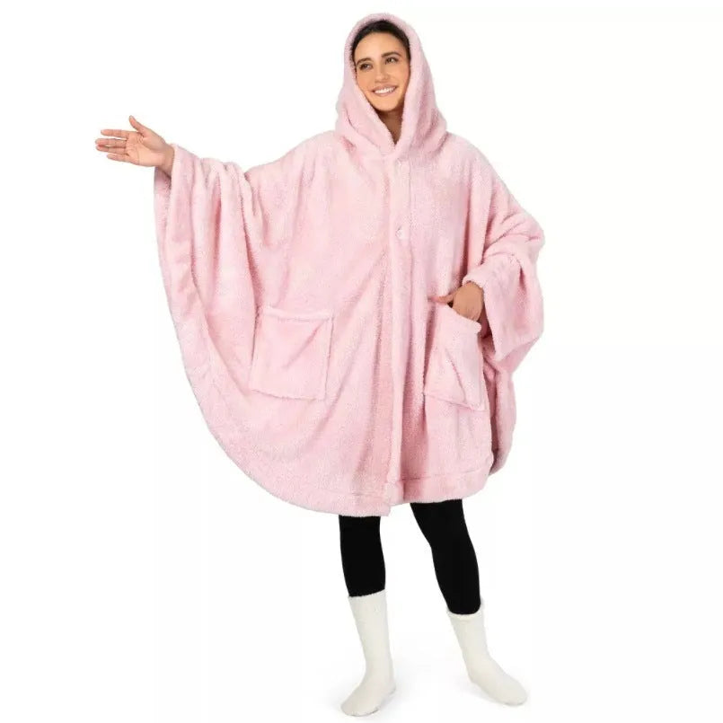 Thick hooded polyester bathrobe in black, dark grey, or pink, shown as a long-sleeve cardigan.