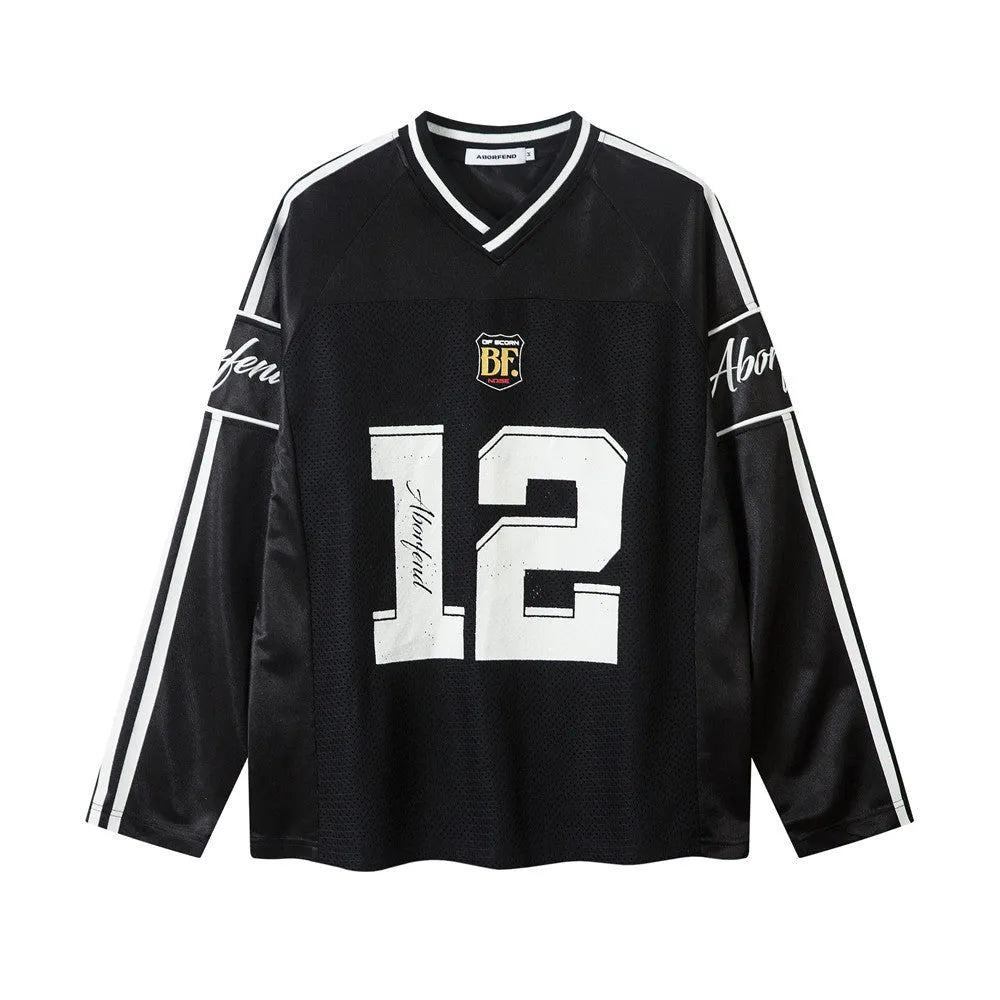 Men's black long sleeve V-neck t-shirt with white digital print pattern and loose fit design
