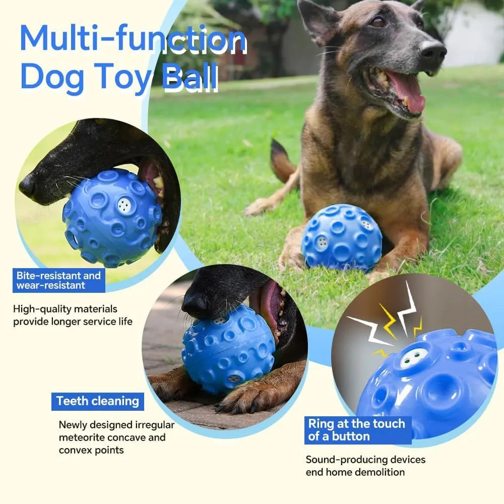 Durable natural rubber dog ball toy with textured surface and squeaker for aggressive chewers.