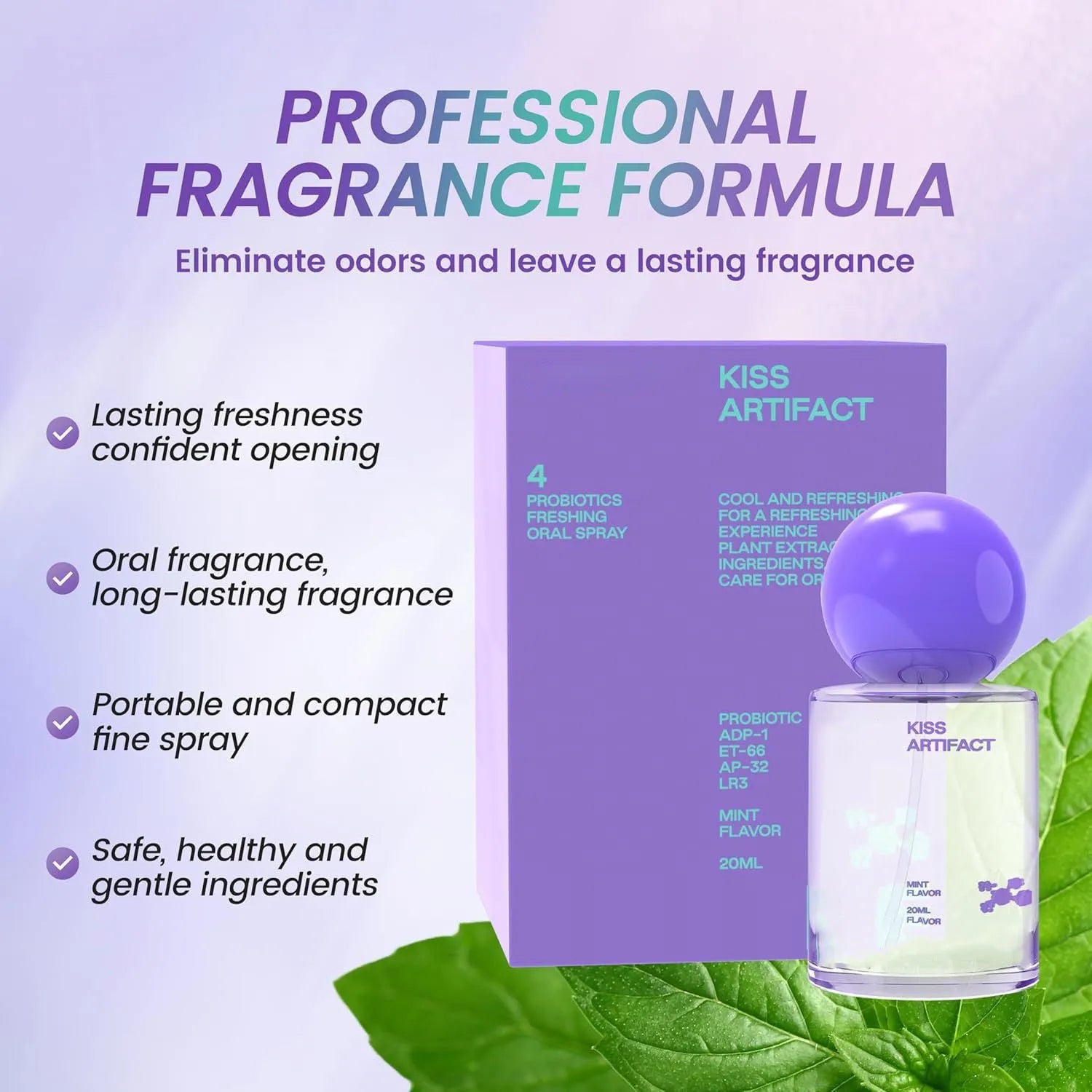 20ml portable oral spray bottle with a white pump head, labelled for probiotics and hydration.
