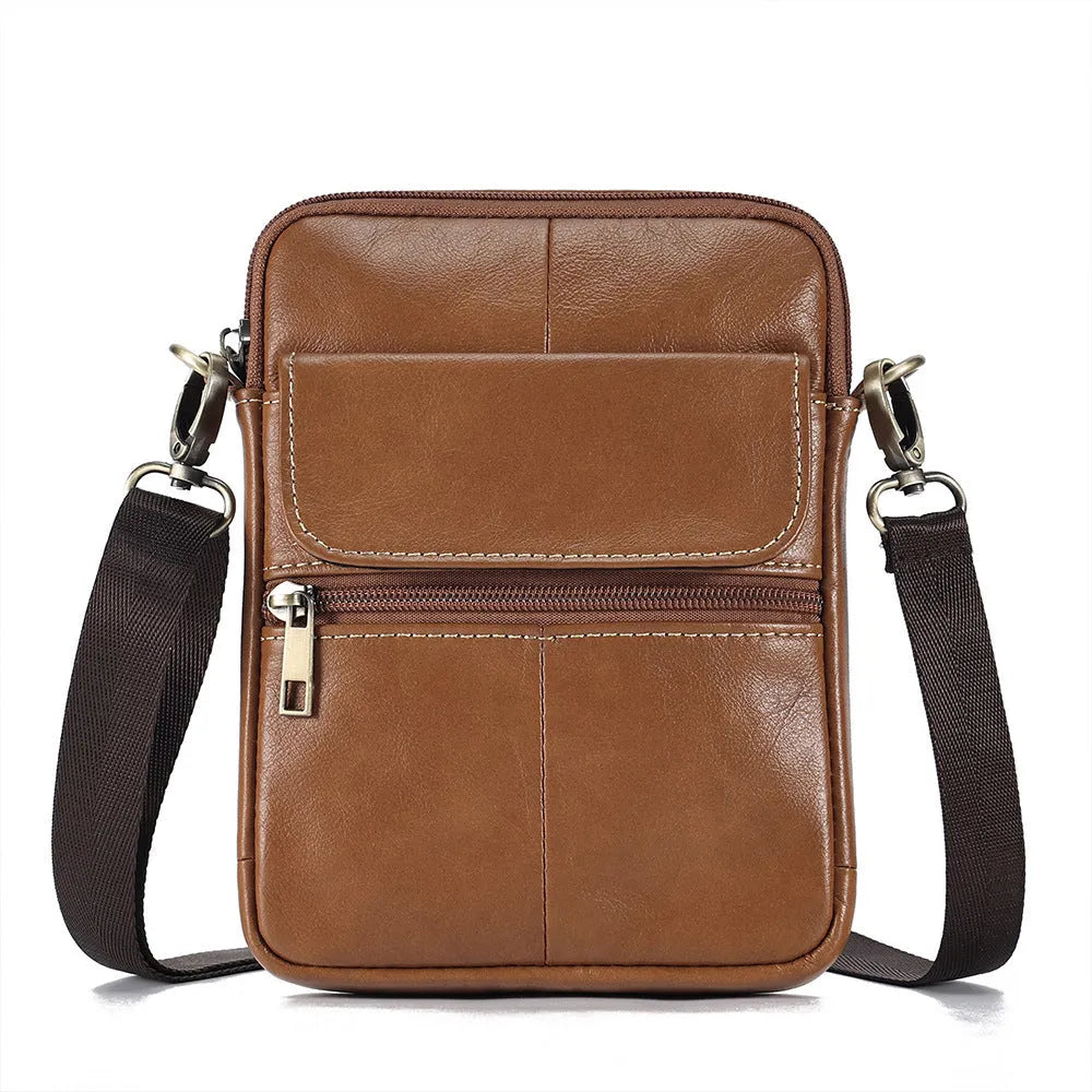 Men's brown genuine leather crossbody shoulder bag with sewing-line detailing
