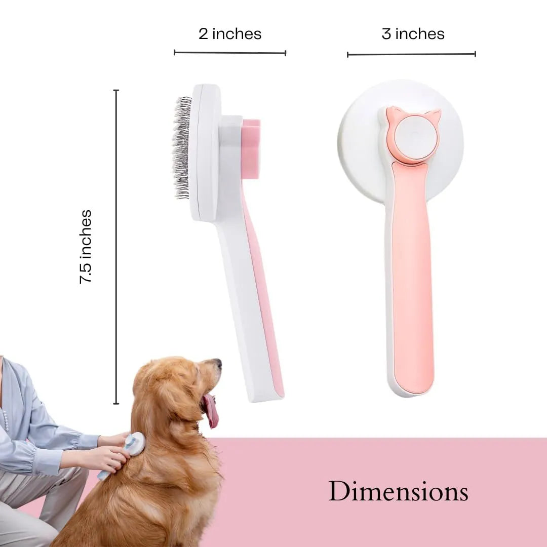 Blue self-cleaning pet grooming brush with stainless steel pins and ergonomic rubber handle