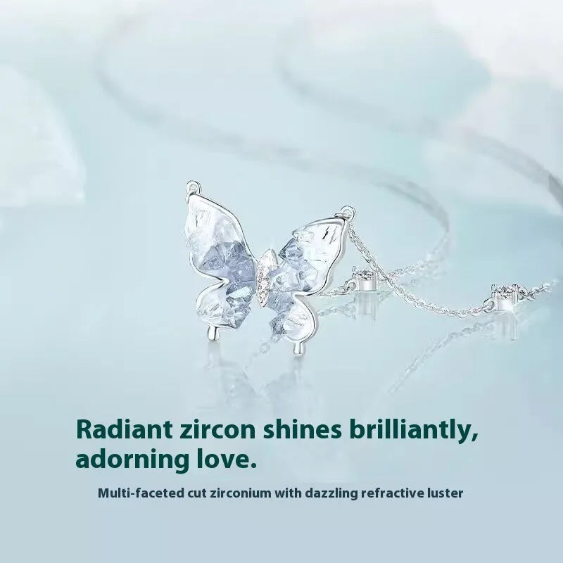 S925 silver butterfly necklace with ice rain design pendant on adjustable O-ring chain