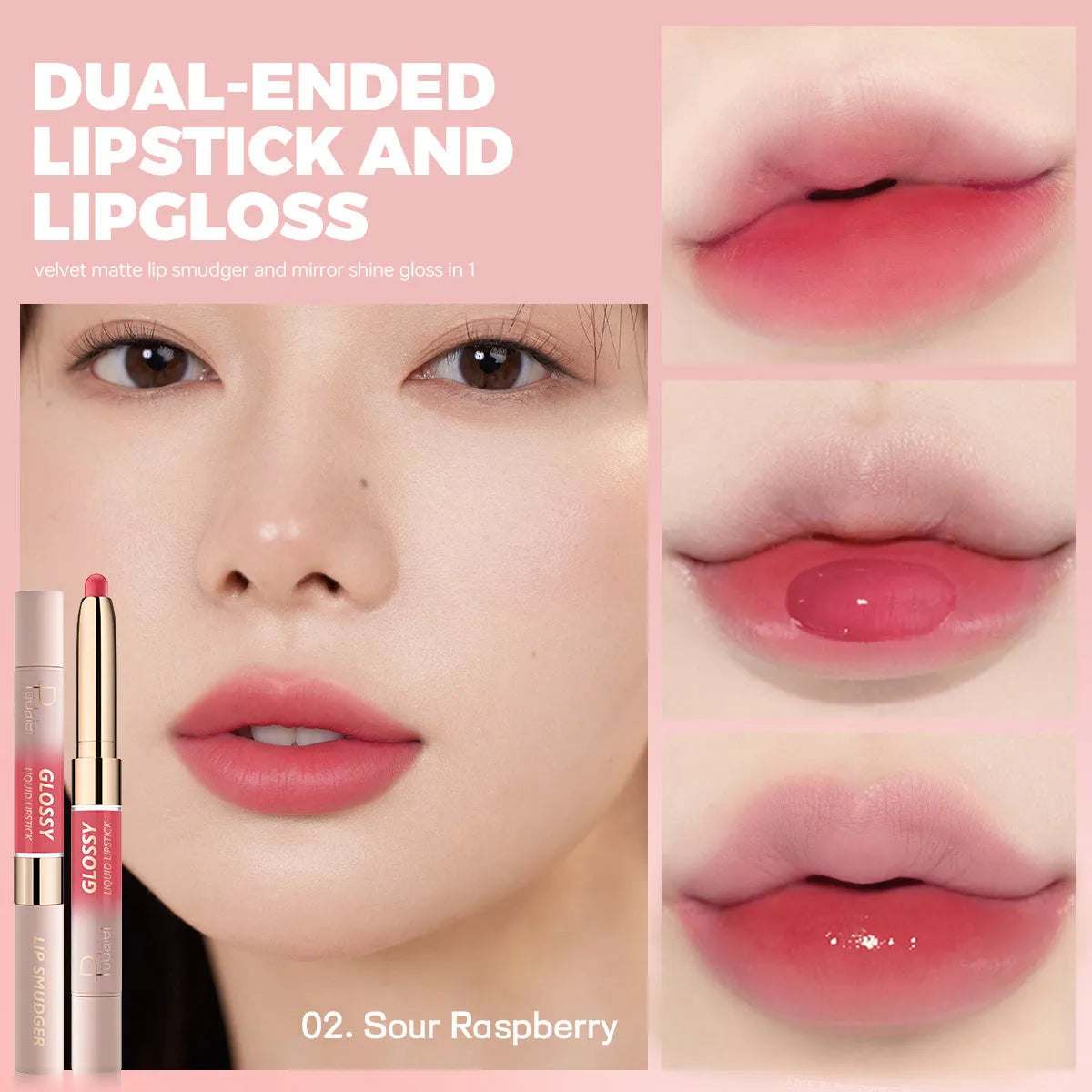 Double-headed lipstick showing matte and glossy finishes in one of 10 available colours