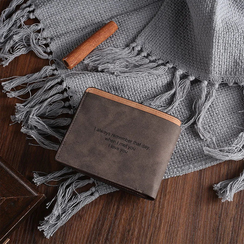 Coffee brown engraved horizontal short wallet with custom text or photo personalisation.