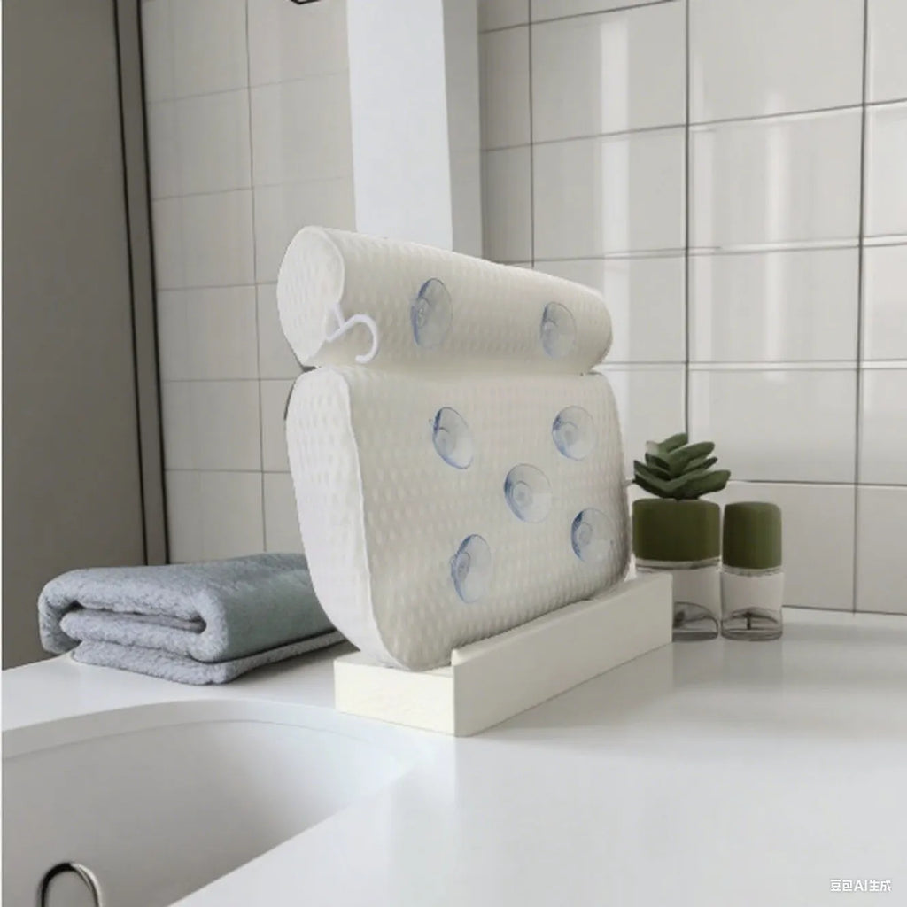 White bathtub pillow with 7 suction cups and breathable 4D mesh material