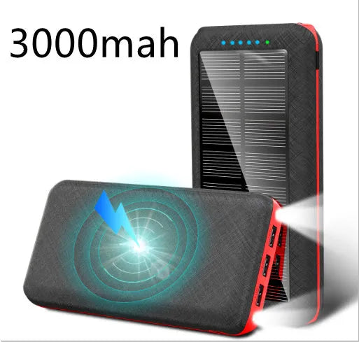 Black wireless solar power bank with Qi charging pad, three USB ports and an LED flashlight