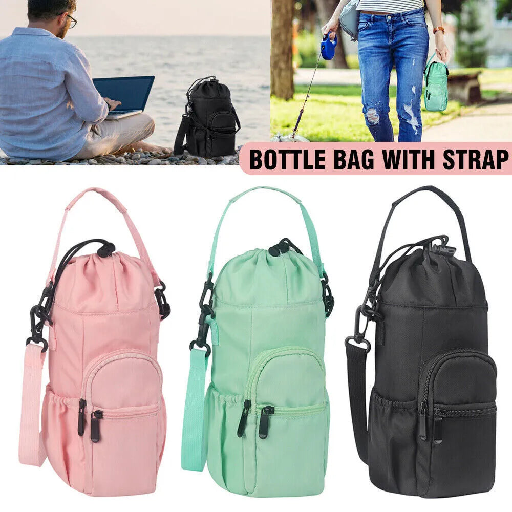 Black cloth water bottle pouch with crossbody strap and side handle on a model.