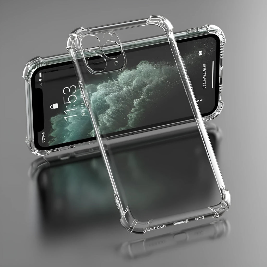 Transparent shockproof TPU phone case for iPhone, shown from the back and side.