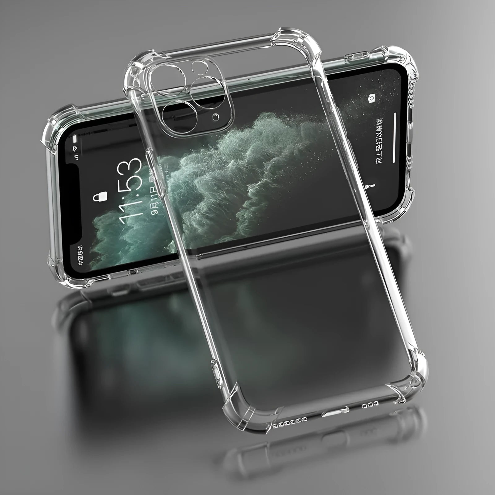 Transparent shockproof TPU phone case for iPhone, shown from the back and side.