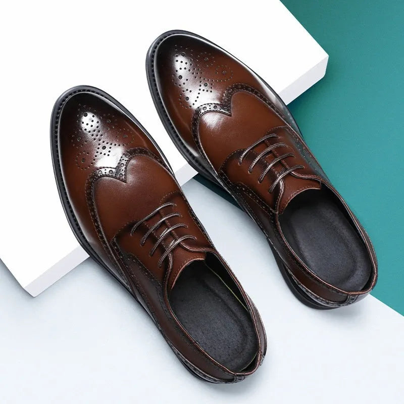 Men's black and brown brogue business shoes with classic perforated toe cap detailing