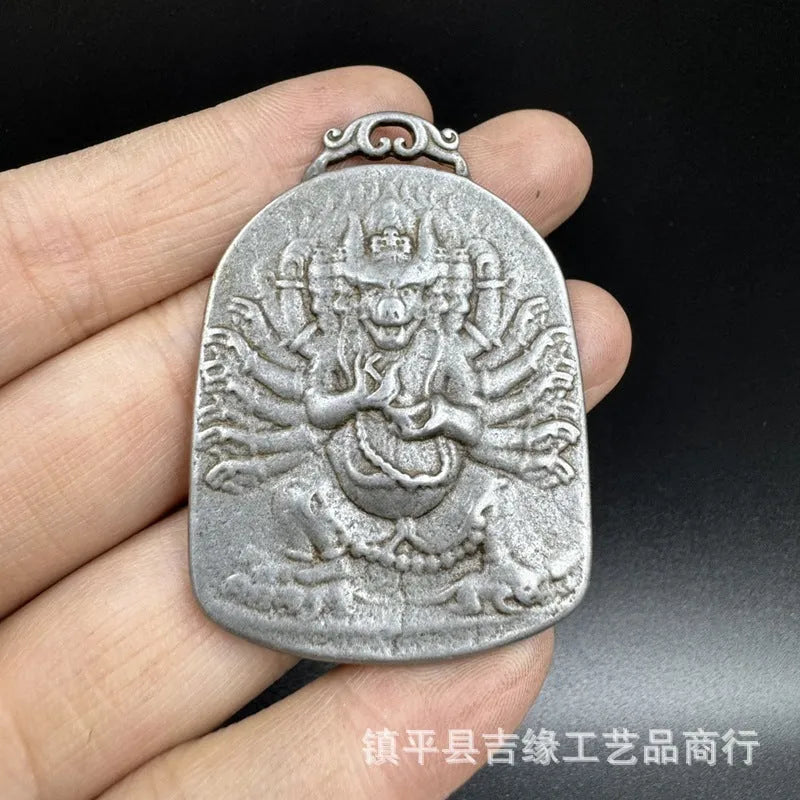 Chinese style iron metal pendant with geometric design in Aryaacalanatha Yamantaka coloration