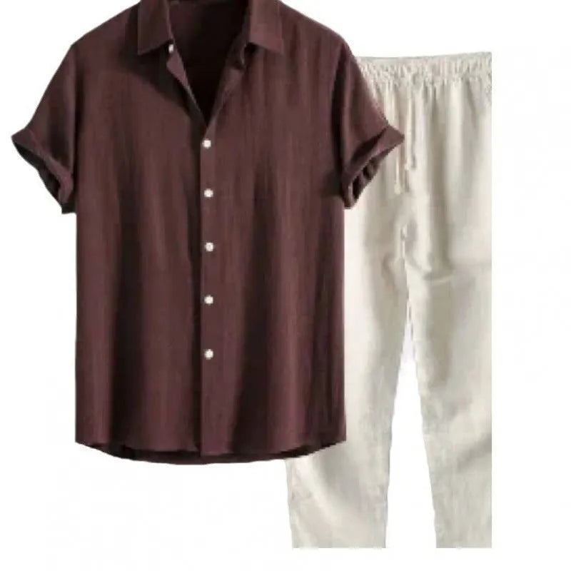 Men's casual linen-look shirt and trouser set in multiple colours with short sleeves and loose fit