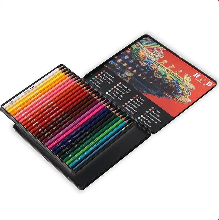 Water-soluble coloured pencils set of 24 colours in iron box with brush for drawing and painting