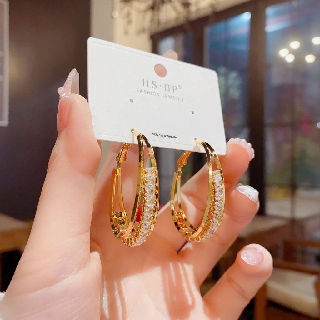 Fashion OL zircon oval ear ring, thick gold plated copper, geometric women earring
