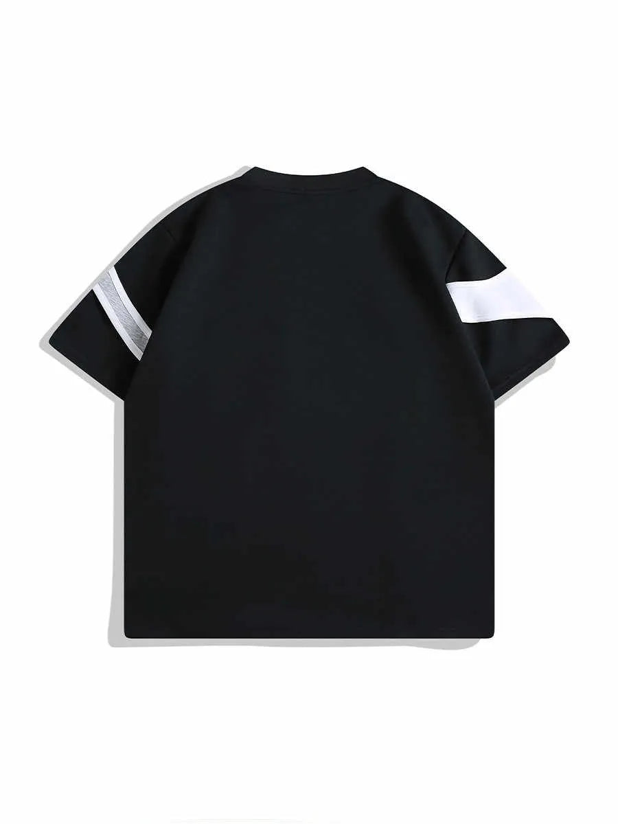 Man's loose fit black T-shirt with double-stitched padded shoulders on a short sleeve.