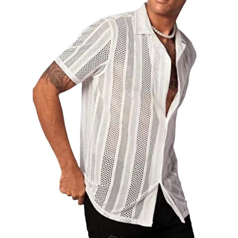 Men's black knitted short-sleeved button shirt with jacquard texture and regular fit