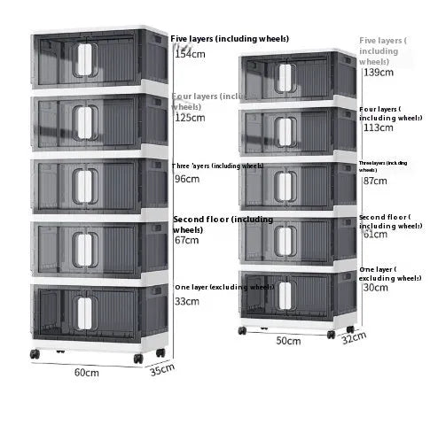 Foldable polypropylene storage locker with wheels in white or grey, showing single door design