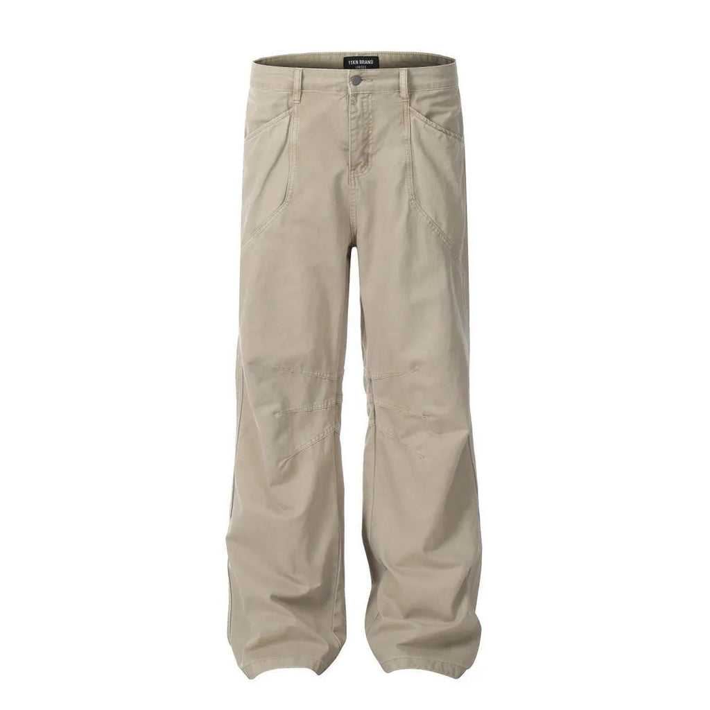 Men's brown cotton loose straight wide leg trousers with high waist and zipper fly