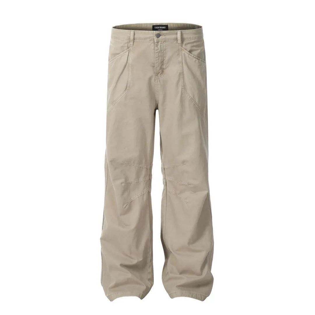 Men's brown cotton loose straight wide leg trousers with high waist and zipper fly