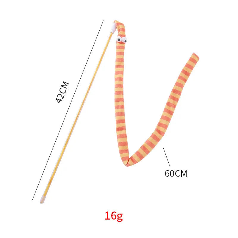 Colourful cat wand toy with long plush strip attachment for interactive play