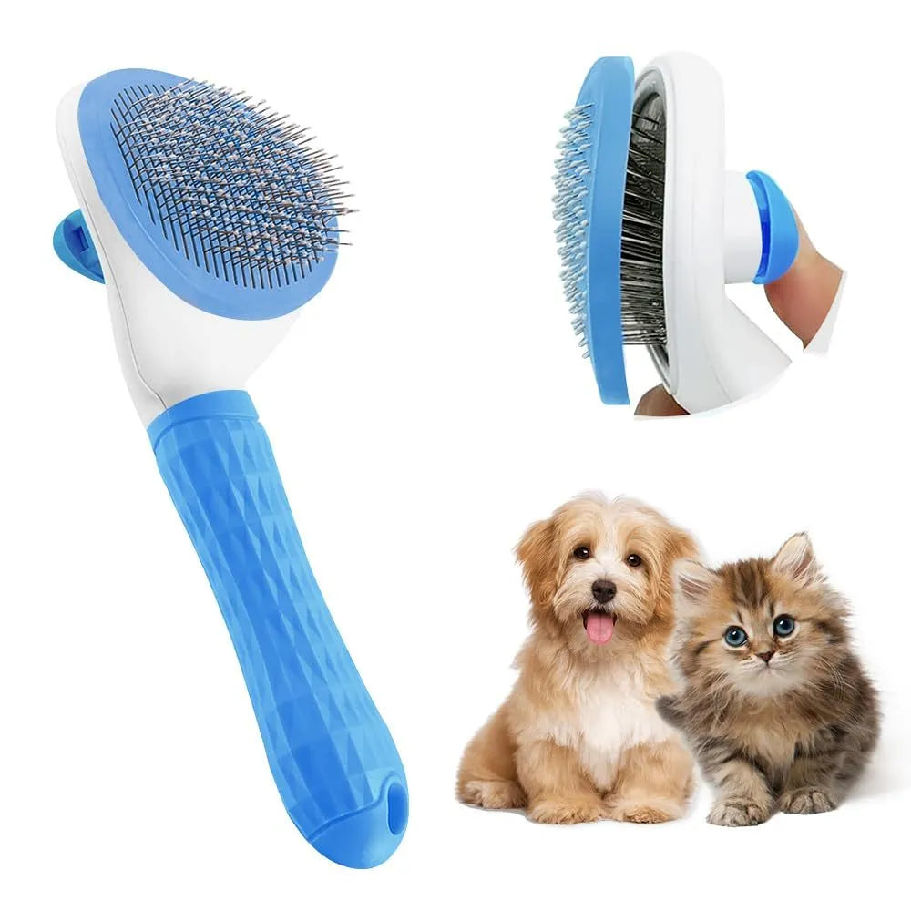 Cat grooming brush with release button in blue, grey, or pink with fine wire bristles
