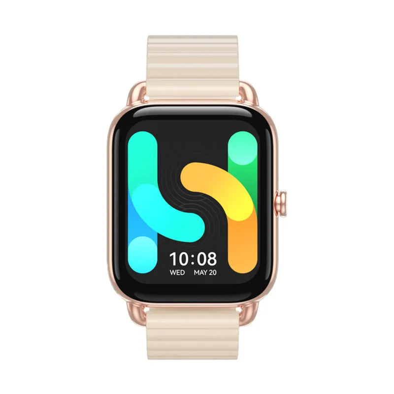 HAYLOU RS4 Plus smartwatch in Black, Champagne, or Silver on wrist showing AMOLED display.