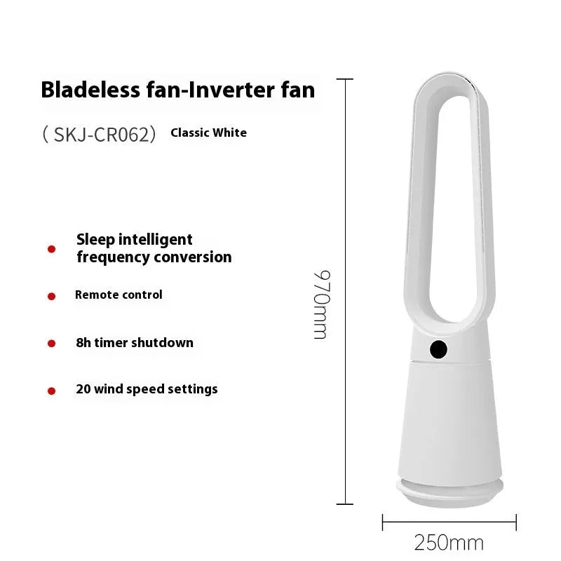 SK white bladeless tower fan with remote control placed on a wooden floor.