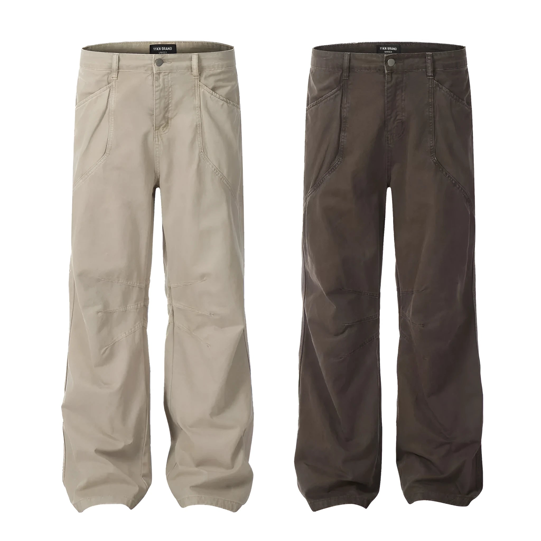 Men's brown cotton loose straight wide leg trousers with high waist and zipper fly
