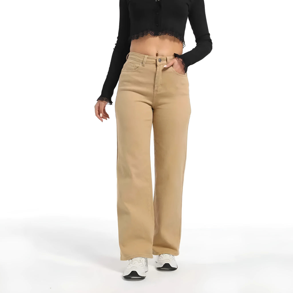 Women's high waist straight leg wide jeans in apricot and khaki colours