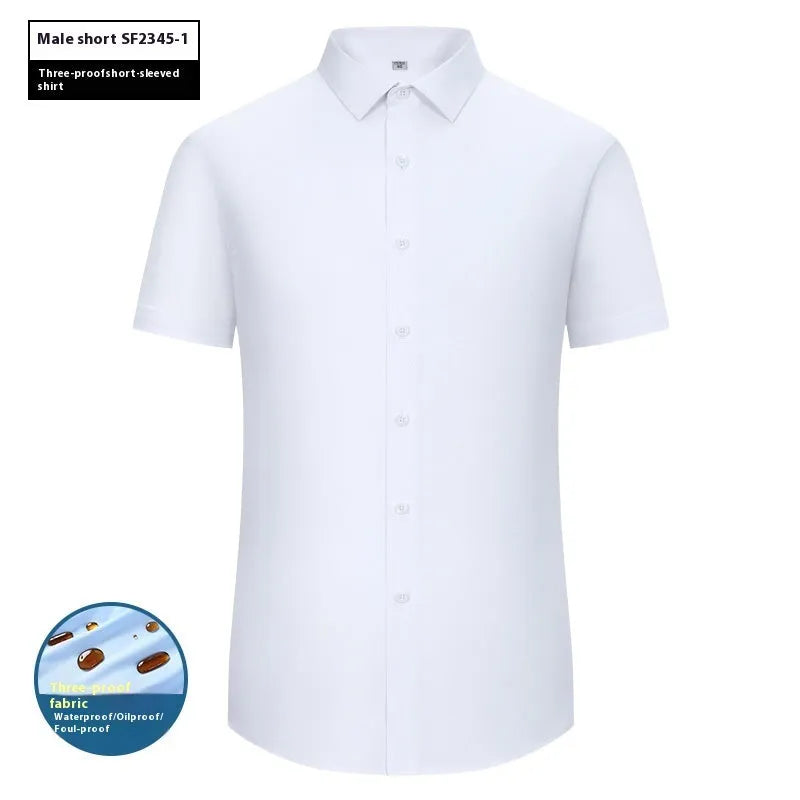 Men's slim fit bamboo fibre business shirt with square collar in a solid colour, shown in short sleeve style.