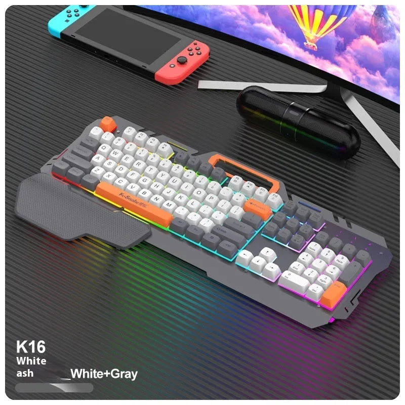 Blue wired gaming keyboard and mouse set with backlit keys on a desk