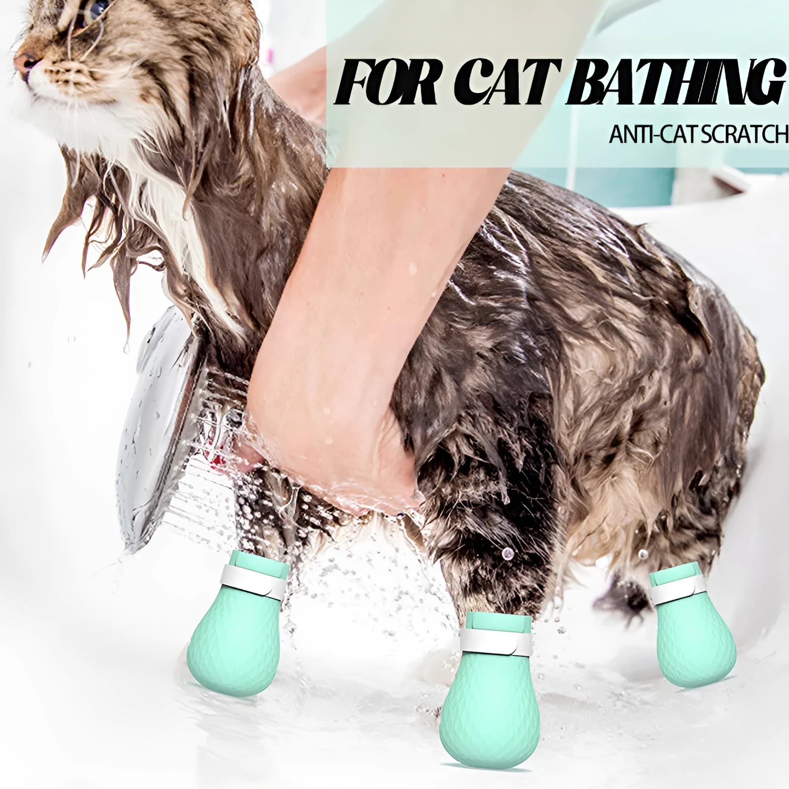 Four green silicone cat anti-scratch foot covers for paw protection during washing and medical care