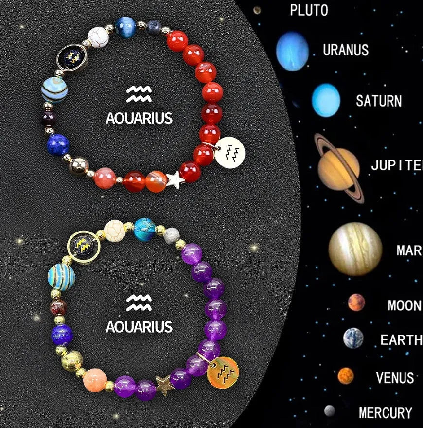 Two natural stone beaded bracelets for zodiac signs on a neutral background.