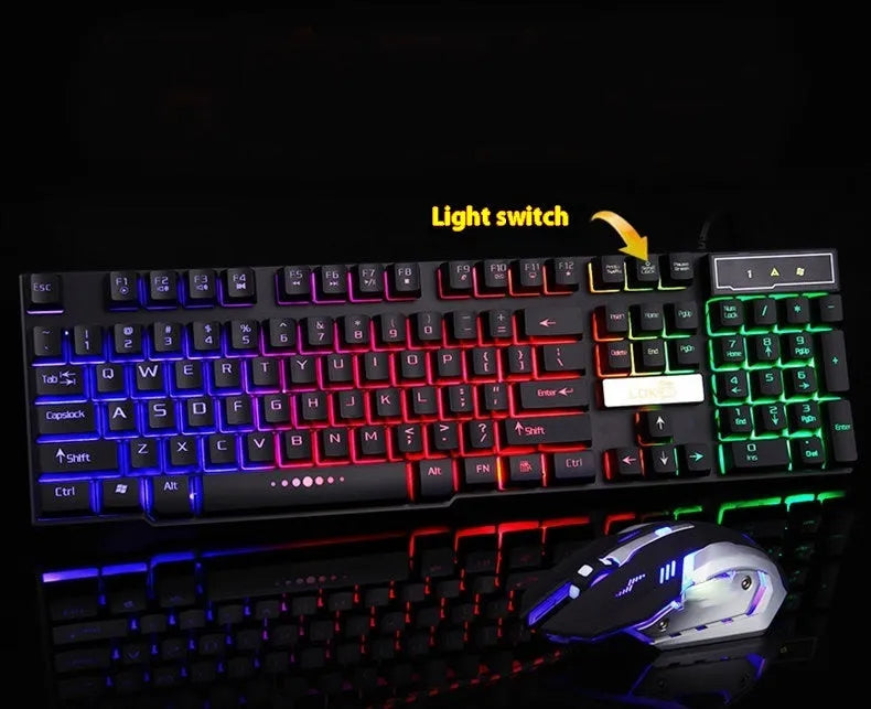 Black and white mechanical gaming keyboard with illuminated USB cable and backlit keys