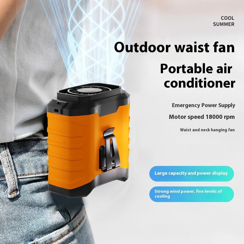 Portable clip waist rechargeable fan in army green with five speed modes and USB charging