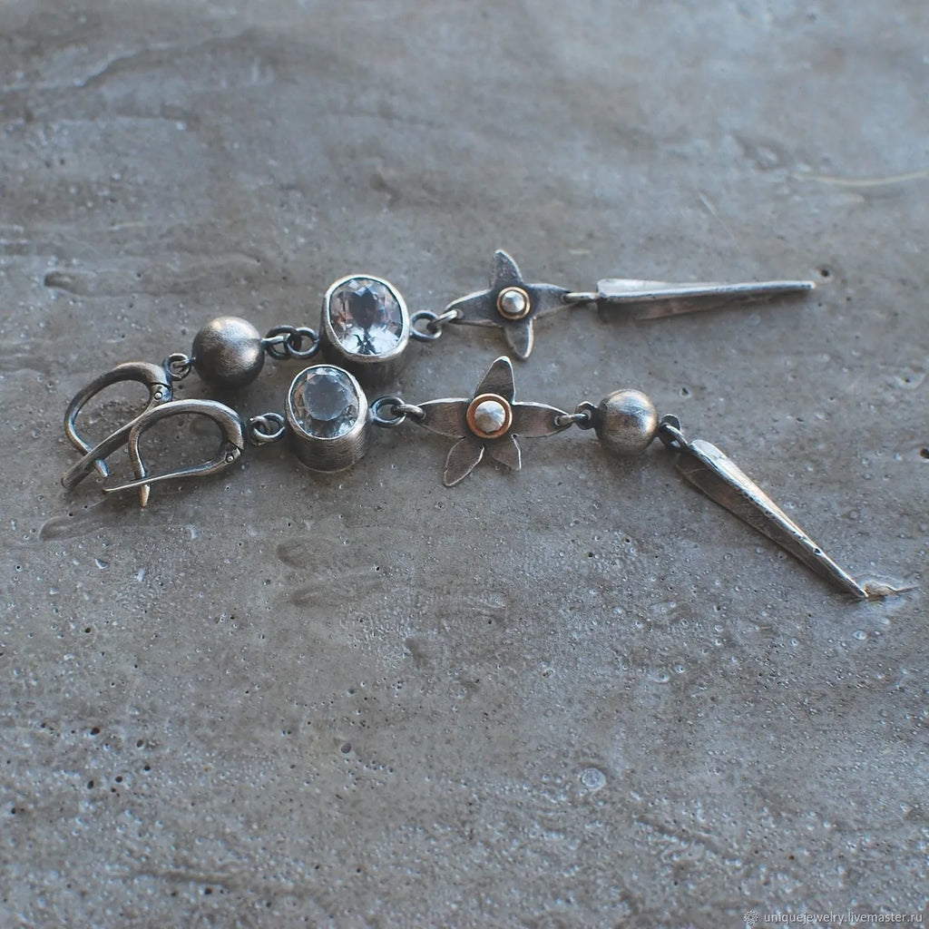 Geometric antique silver earrings with long rhinestone pendants and XINGX design