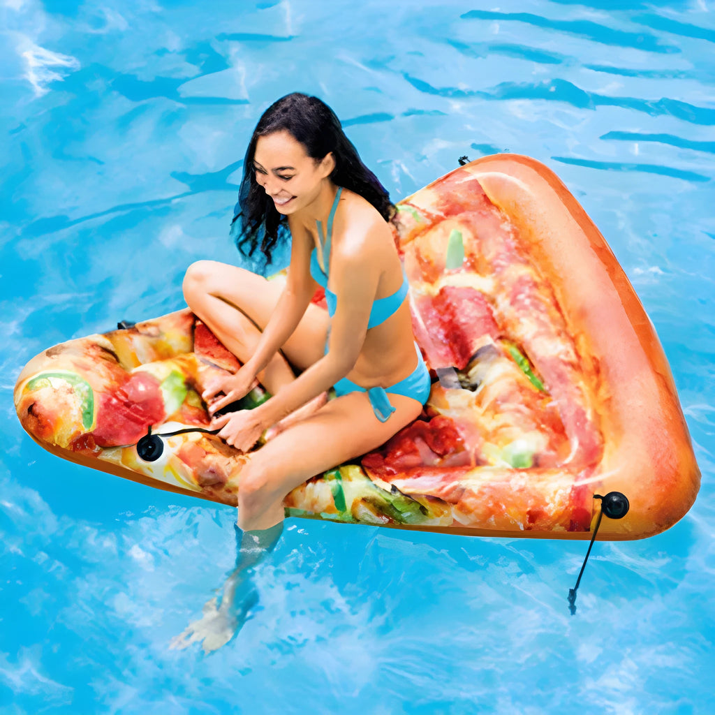 Pizza-shaped inflatable surfboard recliner floating on water, showing large 175cm size