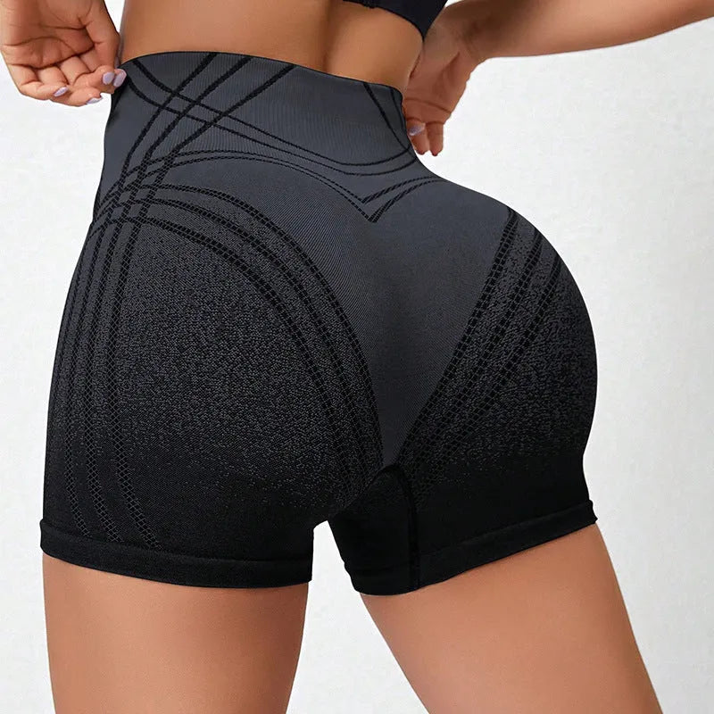 Women's high waisted gradient fitness shorts in black and brown for yoga and running