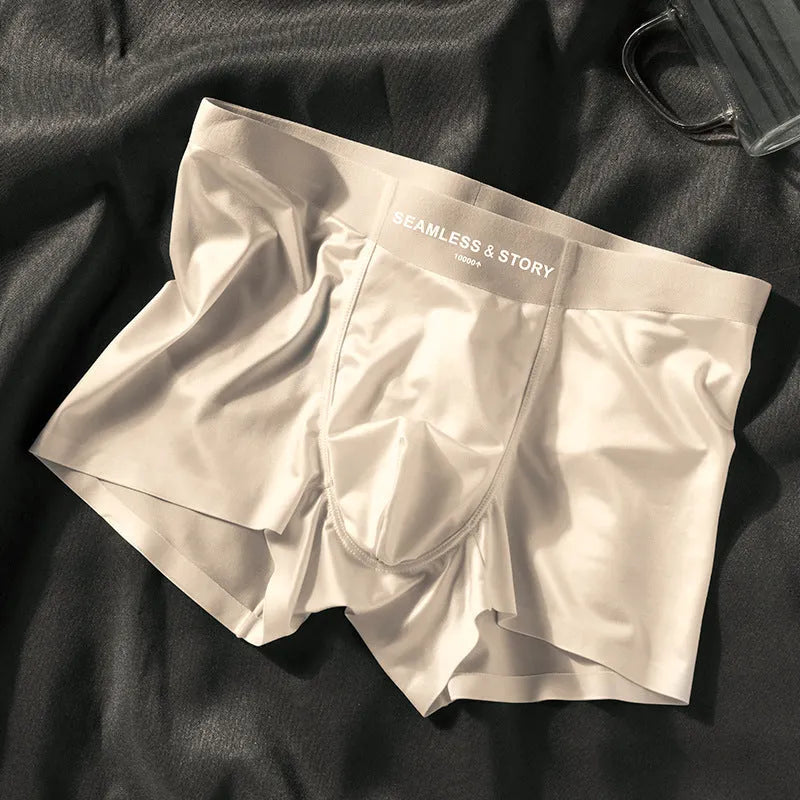 Men's ice silk underwear in satin finish showing mid-waist traceless design in coffee colour