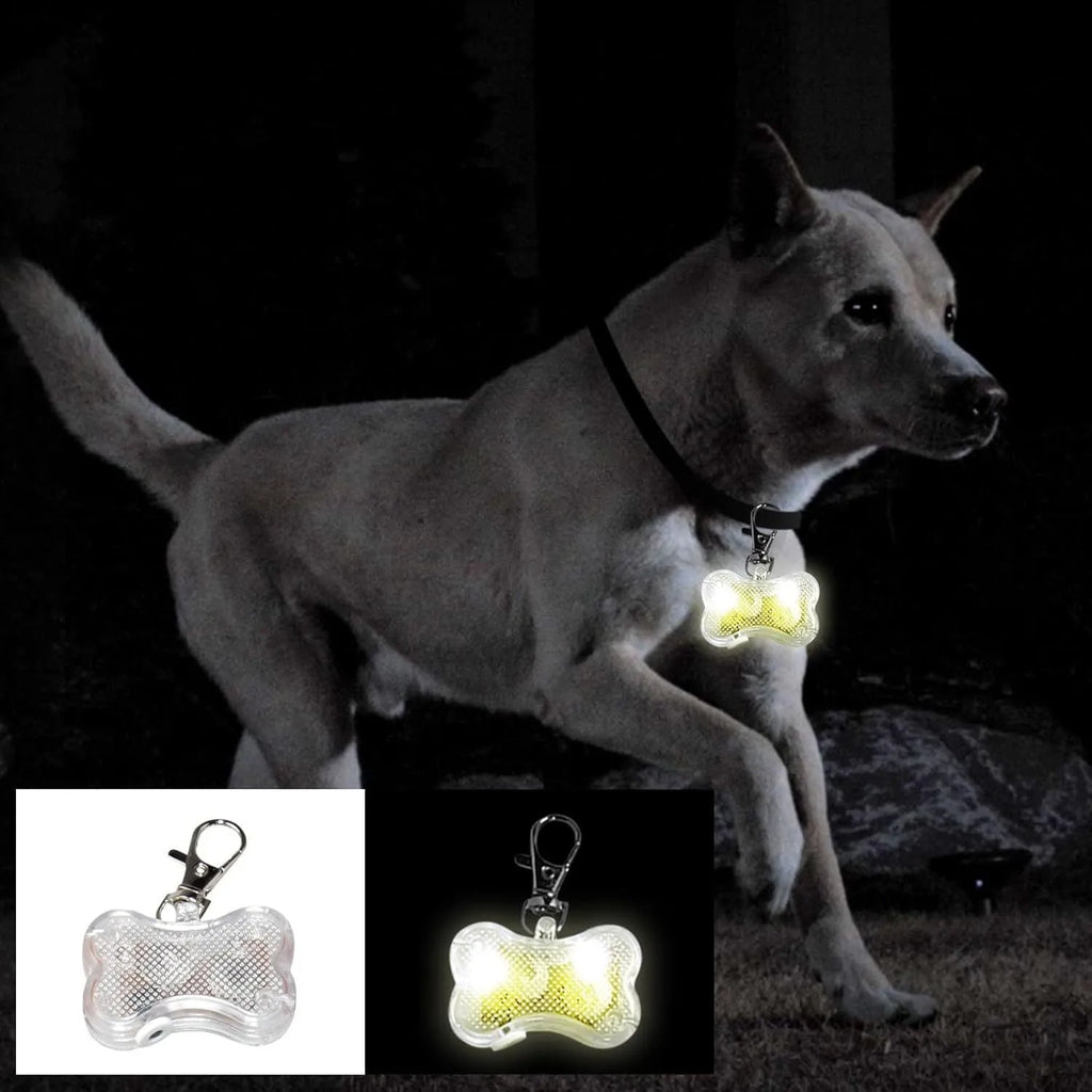 Pet LED bone luminous pendant attached to collar with blue light glowing