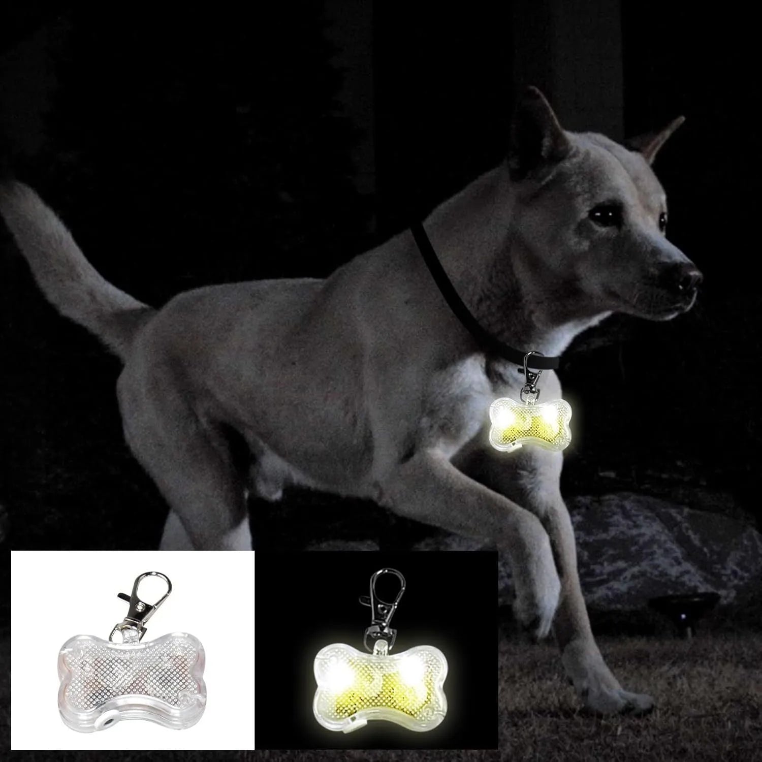 Pet LED bone luminous pendant attached to collar with blue light glowing