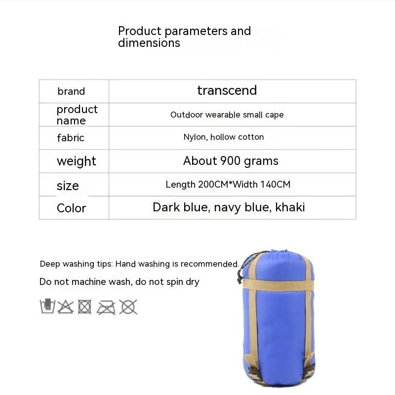 Grey adult-sized outdoor cloak sleeping bag worn as a cape, showing its 200x140cm dimensions.