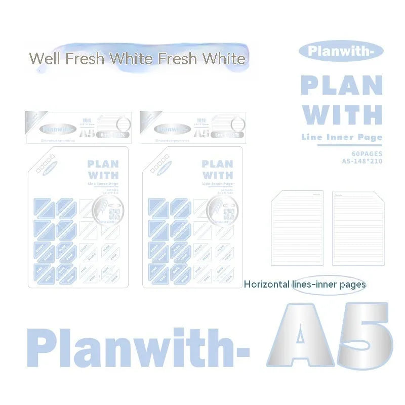 Artsy Ins style draft notebook showing A5 and B5 sizes with white and plaid blue cover options
